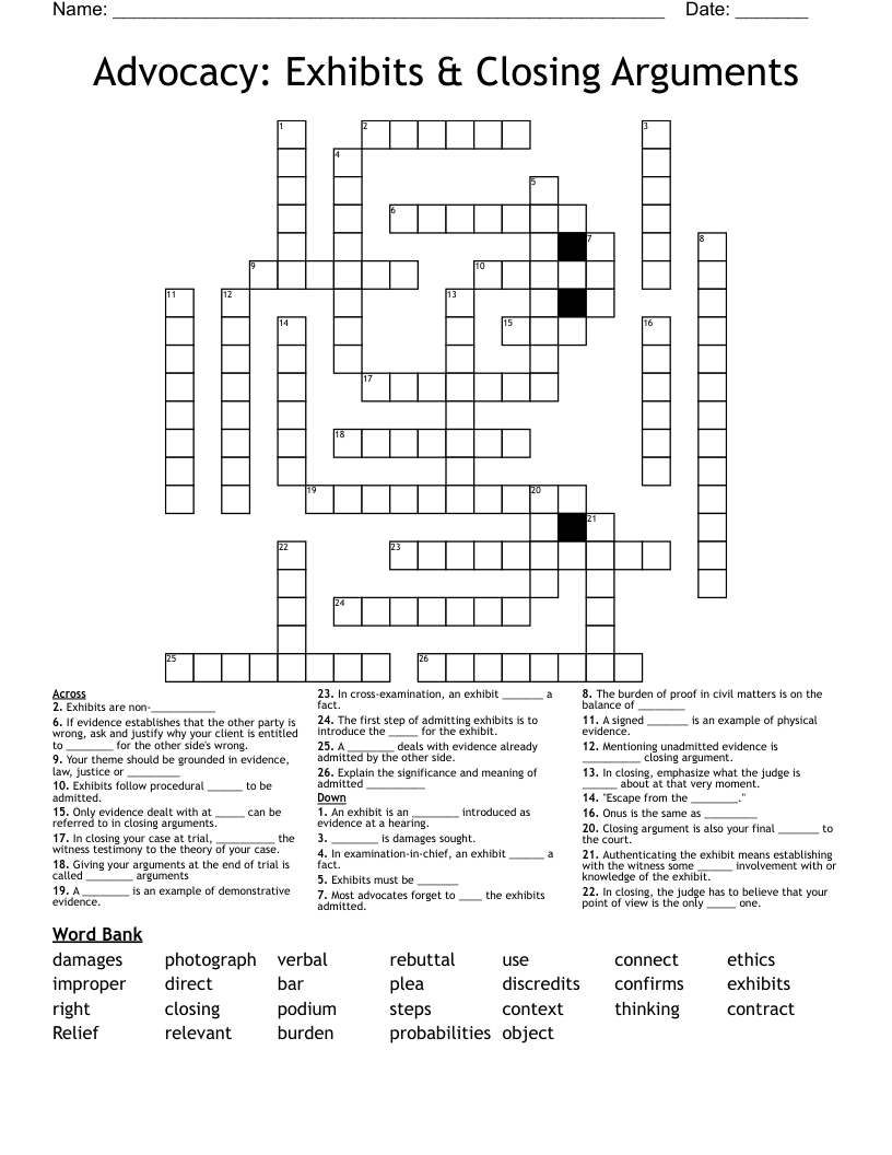 Advocacy: Exhibits & Closing Arguments Crossword
