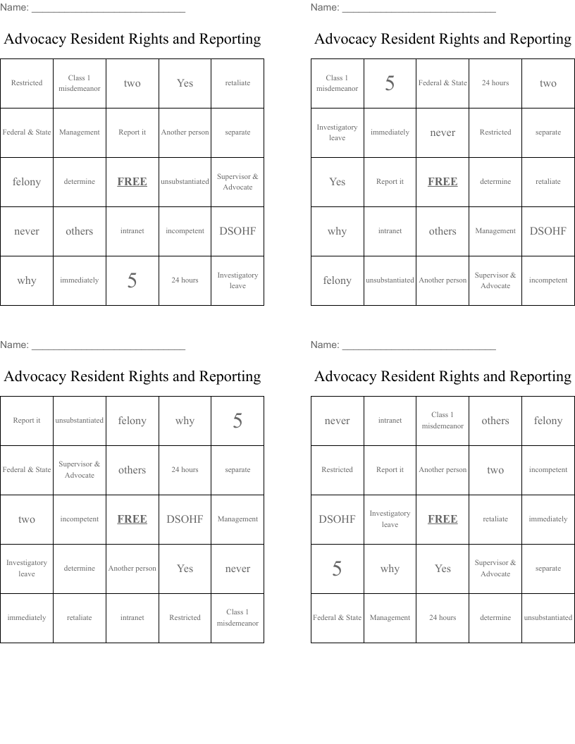 Advocacy Resident Rights and Reporting Bingo Cards