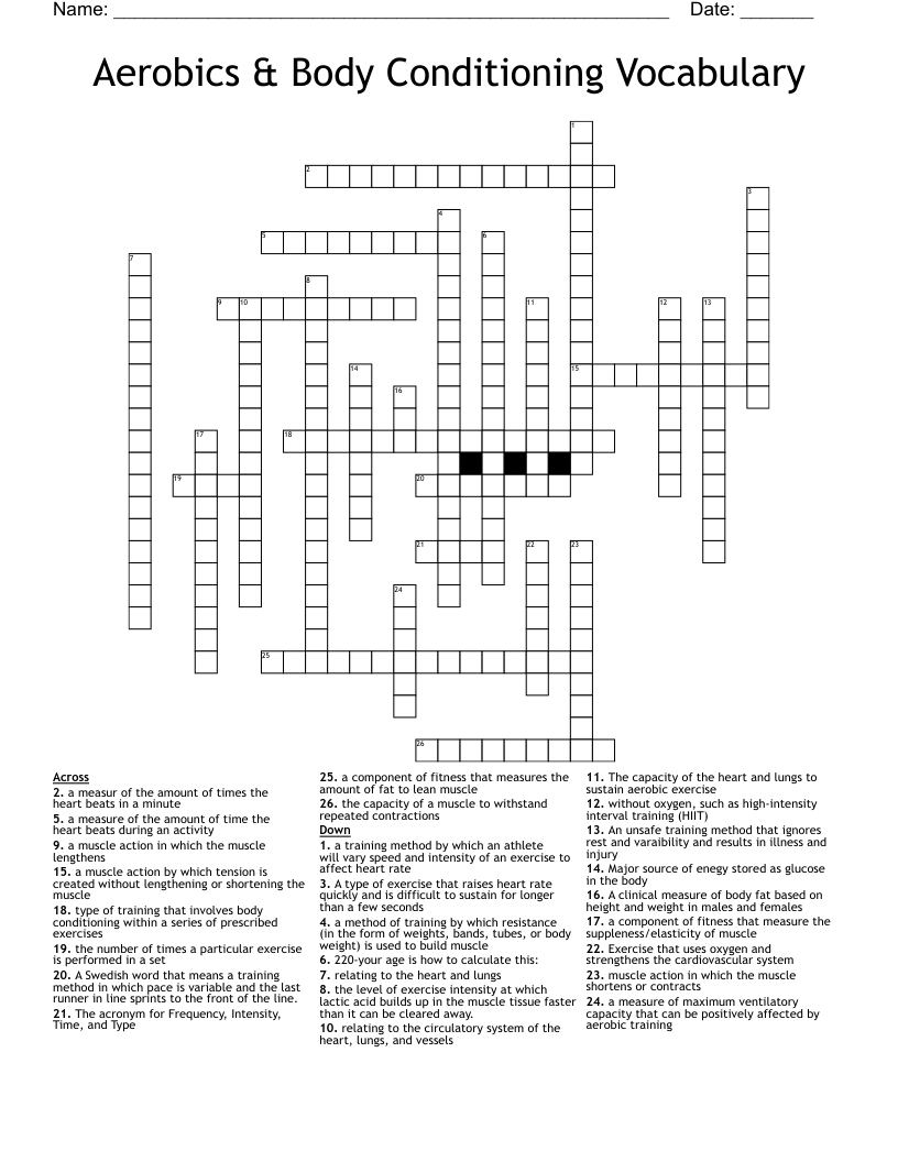 Aerobics & Body Conditioning Vocabulary Crossword