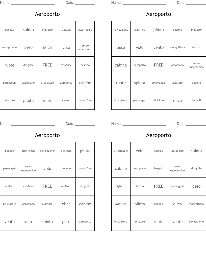 Aeroporto Bingo Cards