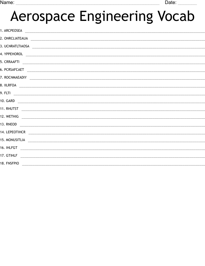 Aerospace Engineering Vocab Word Scramble