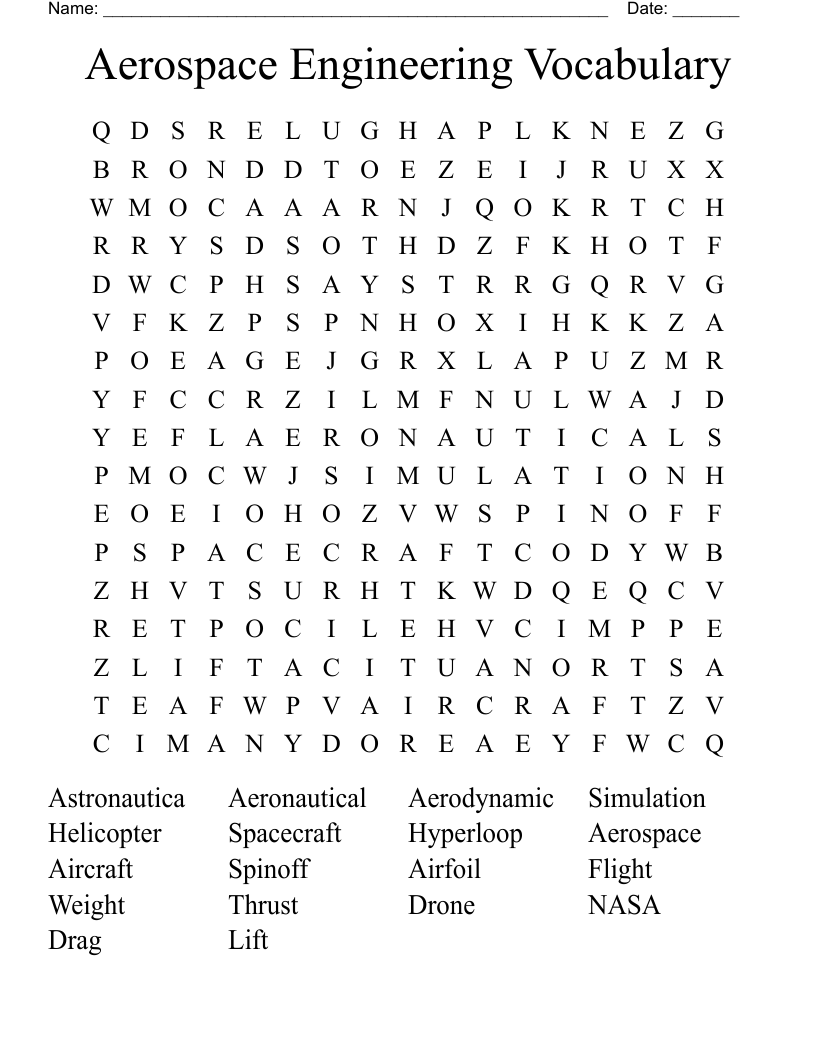 Aerospace Engineering Vocabulary Word Search