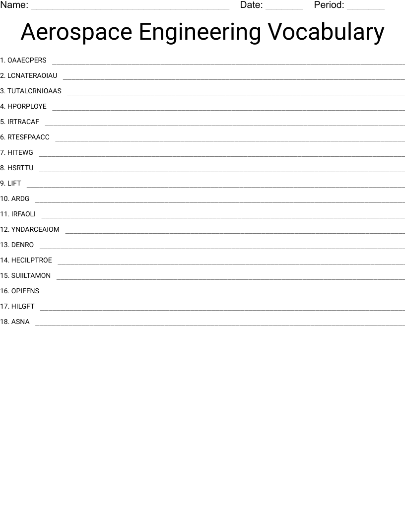 Aerospace Engineering Vocabulary Word Scramble