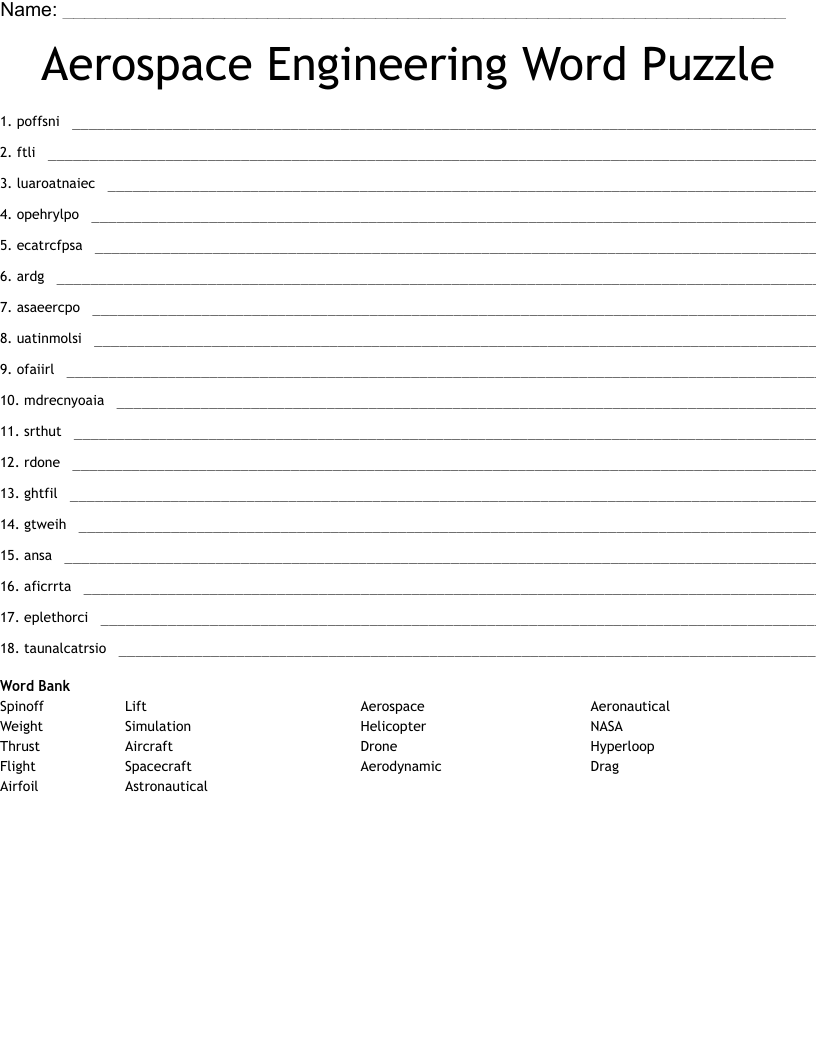 Aerospace Engineering Word Puzzle Word Scramble