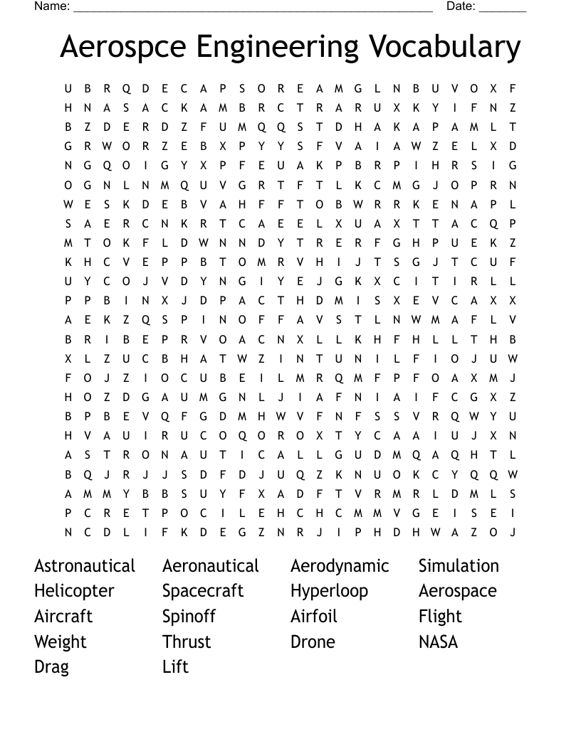 Aerospce Engineering Vocabulary Word Search