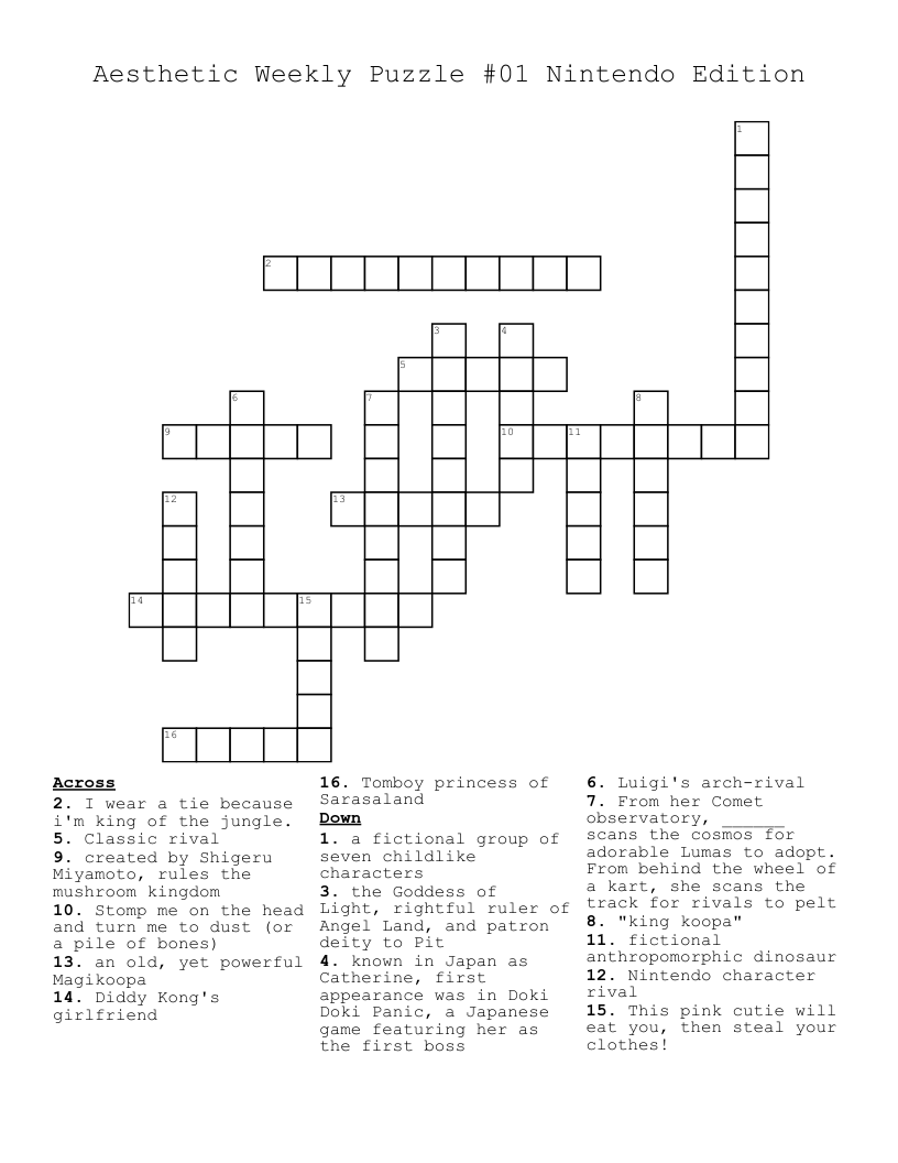 Aesthetic Weekly Puzzle #01 Nintendo Edition Crossword