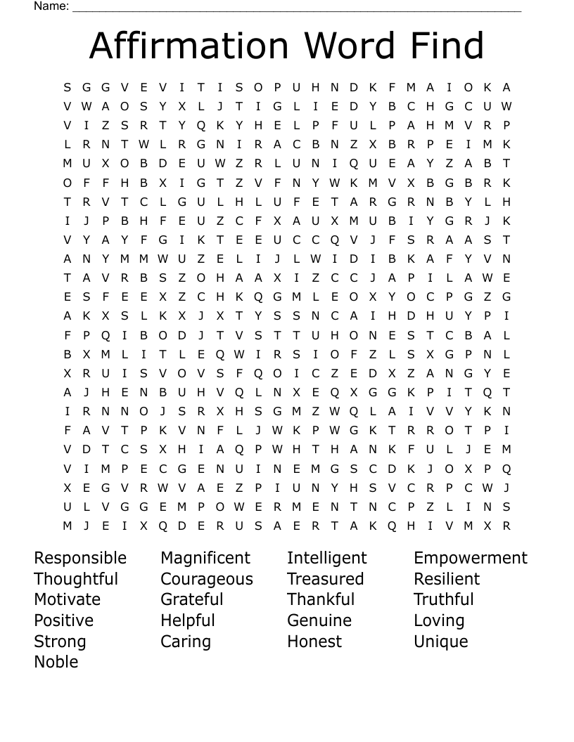 Affirmation Word Find Word Search