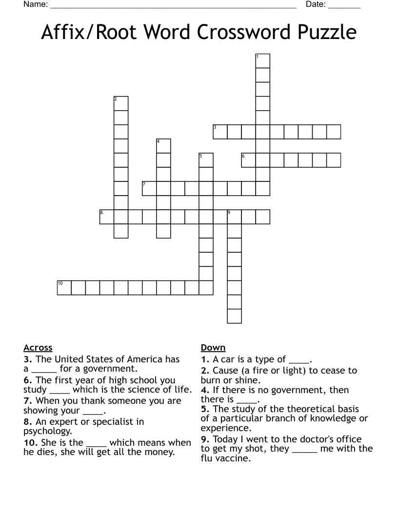 Affix/Root Word Crossword Puzzle
