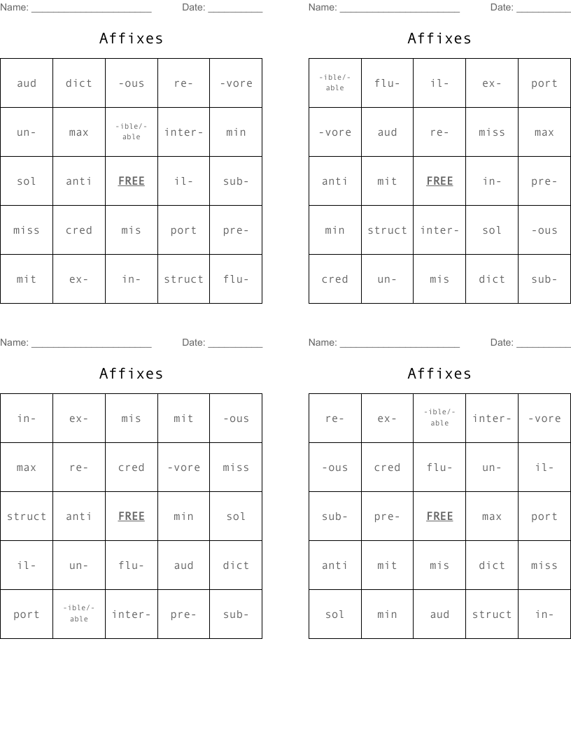 Affixes Bingo Cards