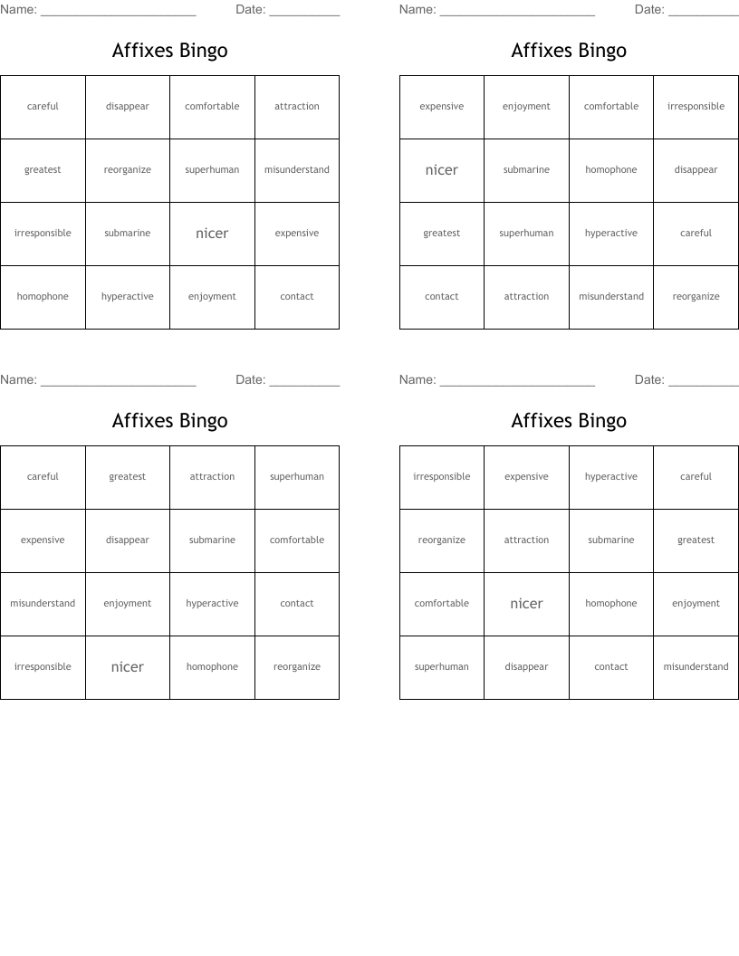 Affixes Bingo