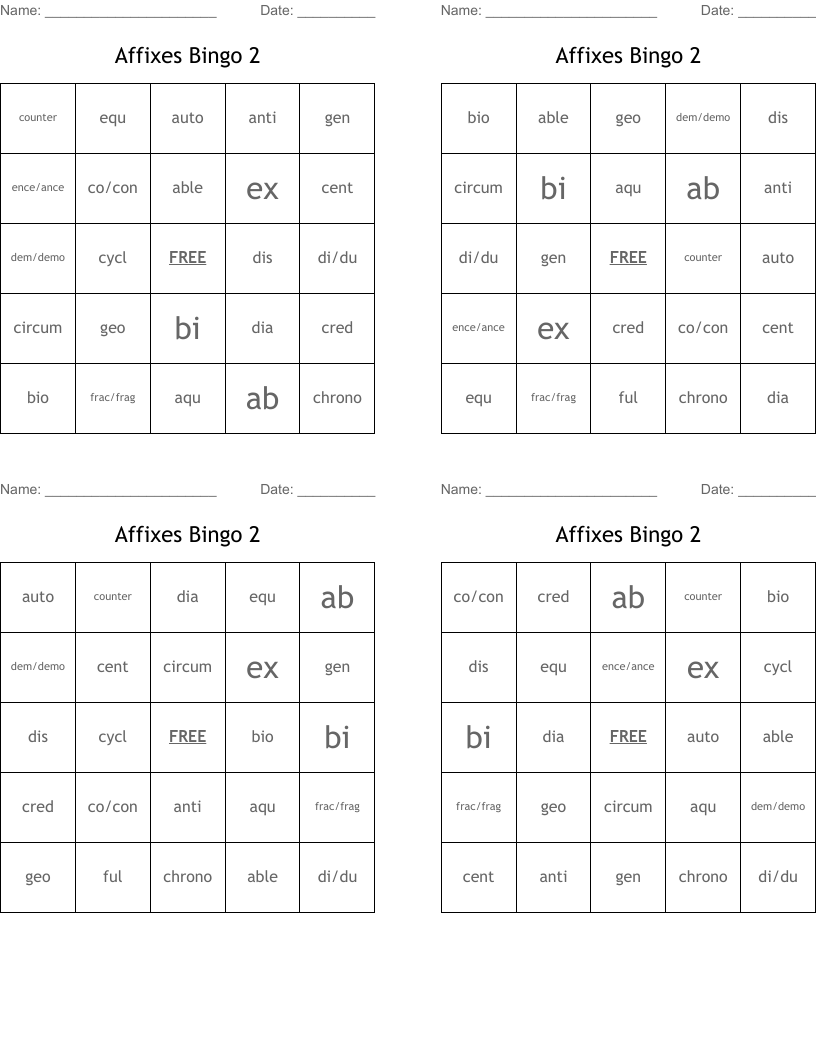 Affixes Bingo 2