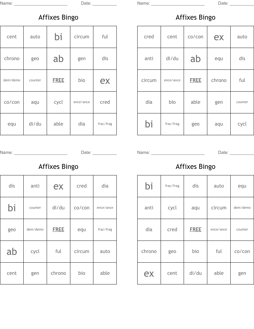 Affixes Bingo