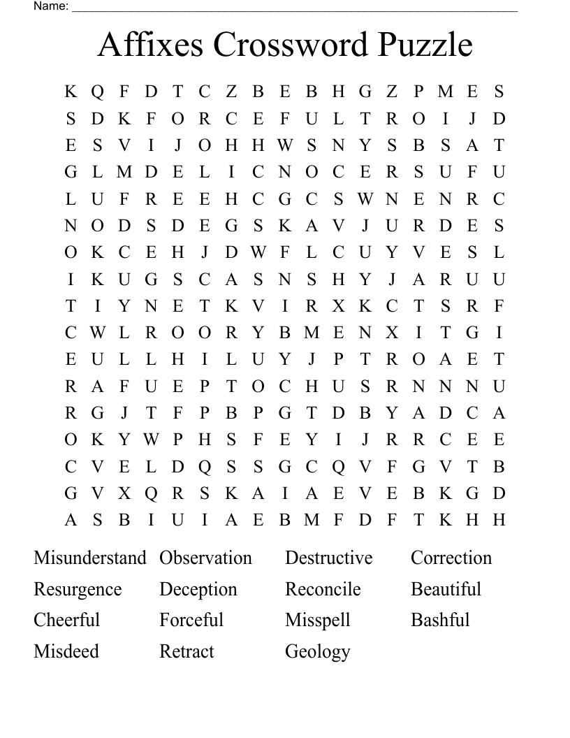 Affixes Crossword Puzzle  Word Search