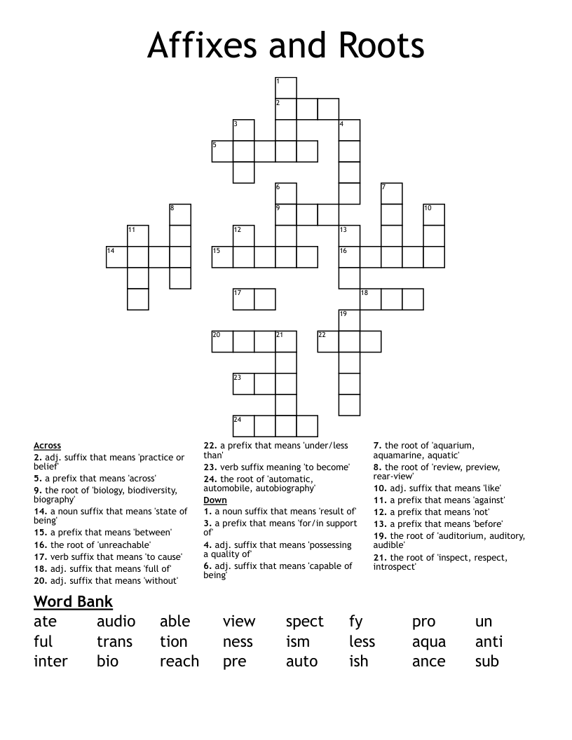 Affixes and Roots Crossword