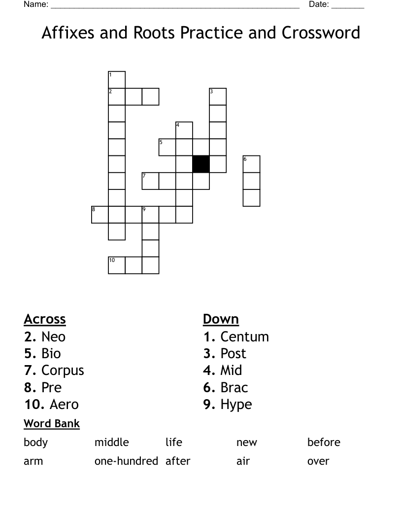 Affixes and Roots Practice and Crossword