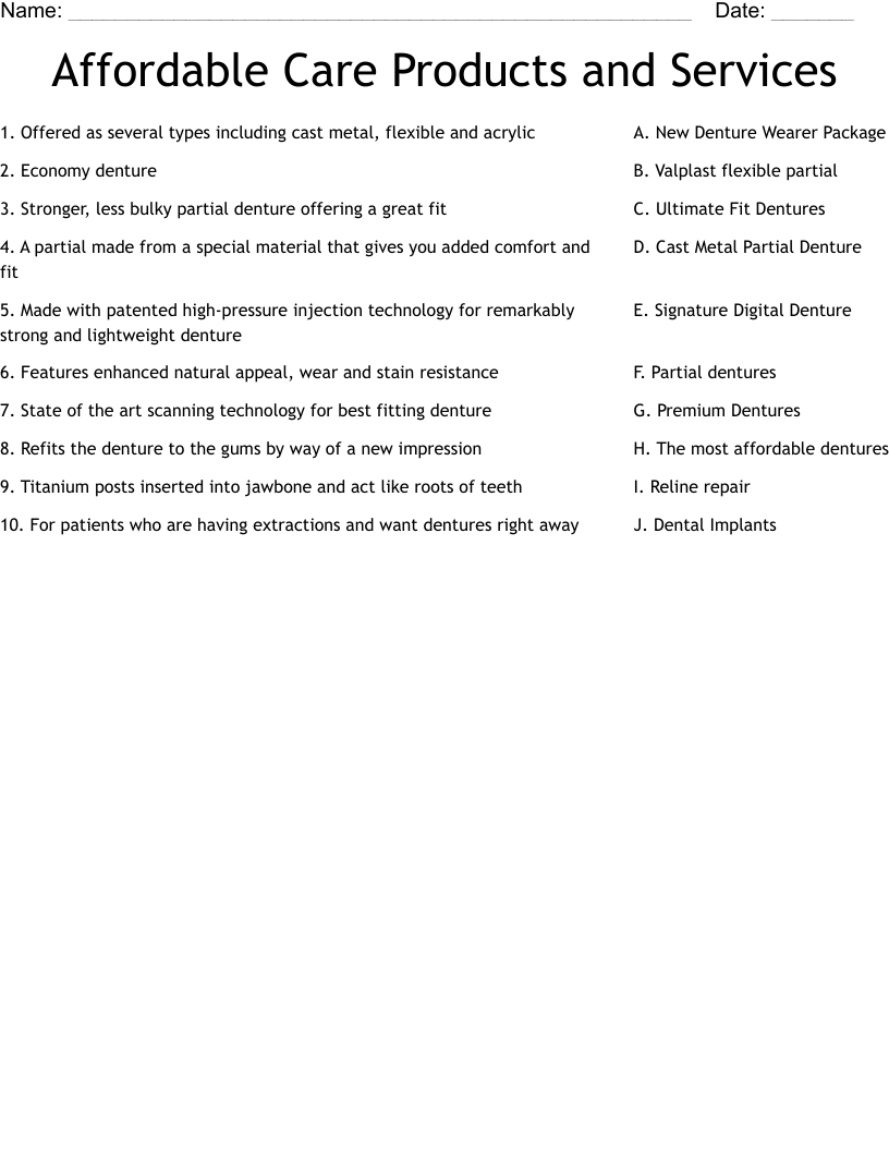 Affordable Care Products and Services  Worksheet