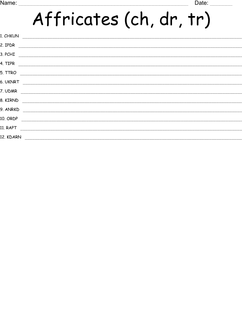 Affricates (ch, dr, tr) Word Scramble