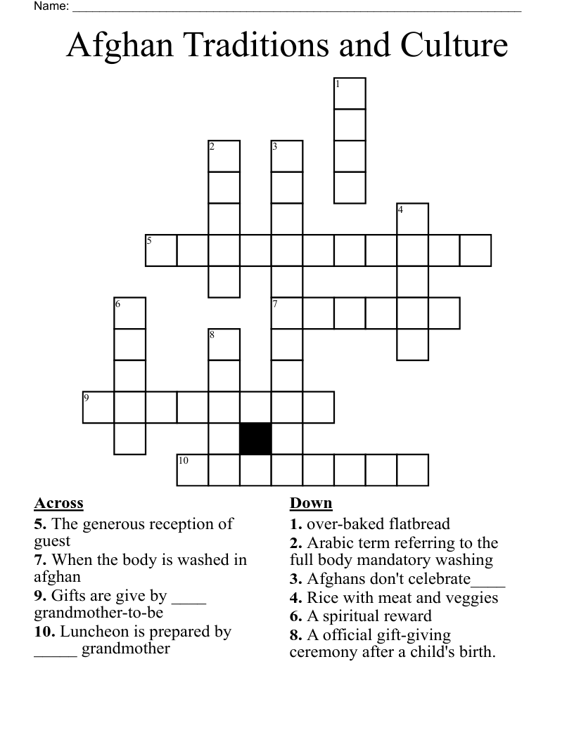 Afghan Traditions and Culture  Crossword