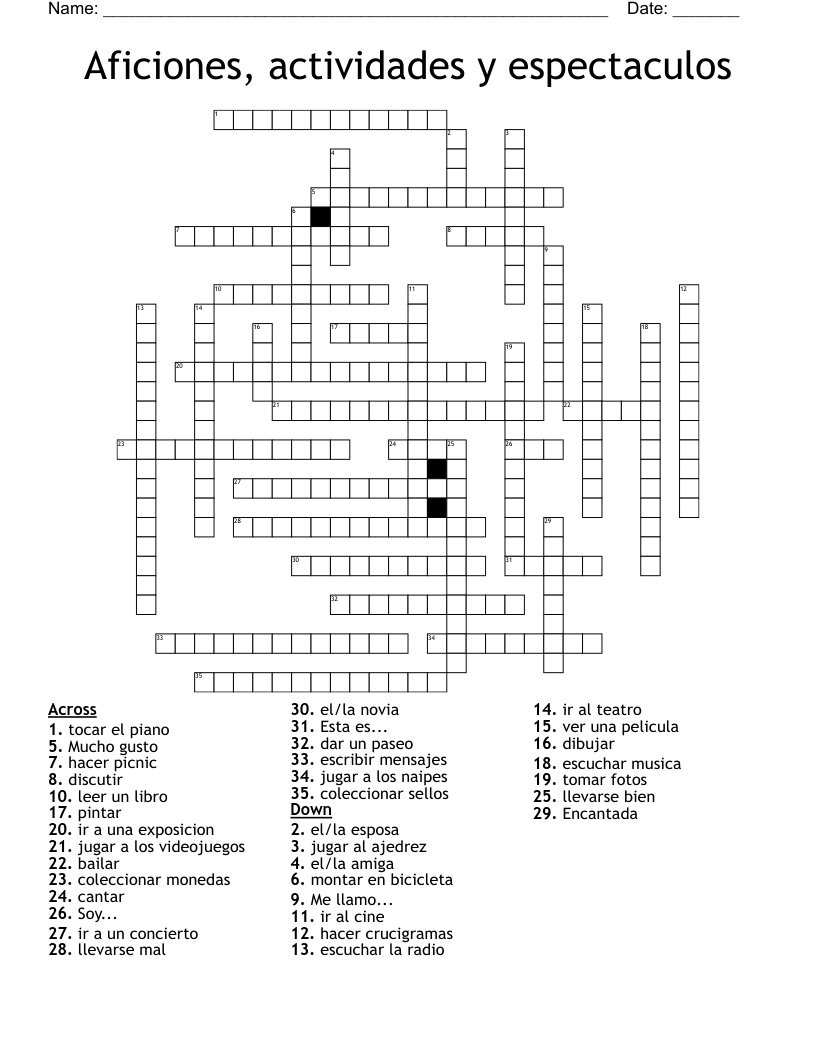 Aficiones, actividades y espectaculos Crossword