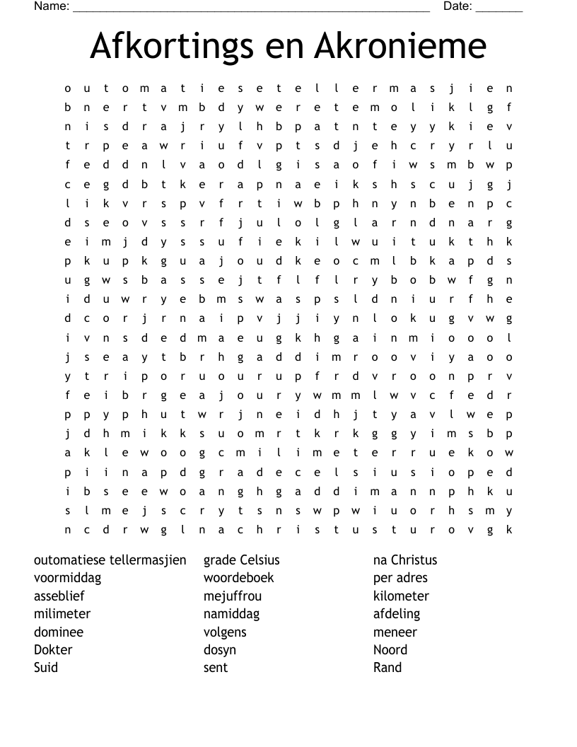 Afkortings en Akronieme Word Search