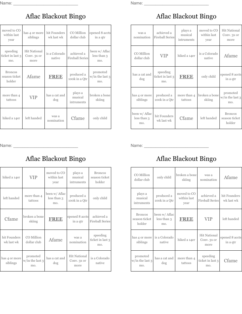 Aflac Blackout Bingo