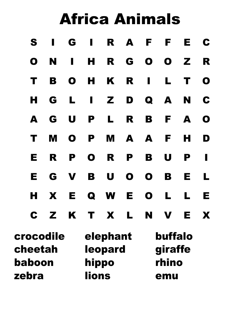 Africa Animals Word Search