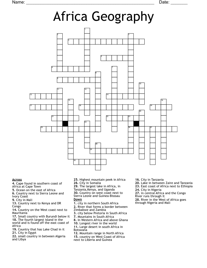 Africa Geography Crossword
