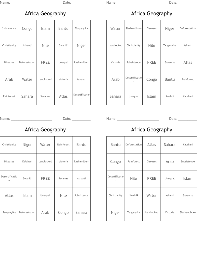Africa Geography Bingo Cards