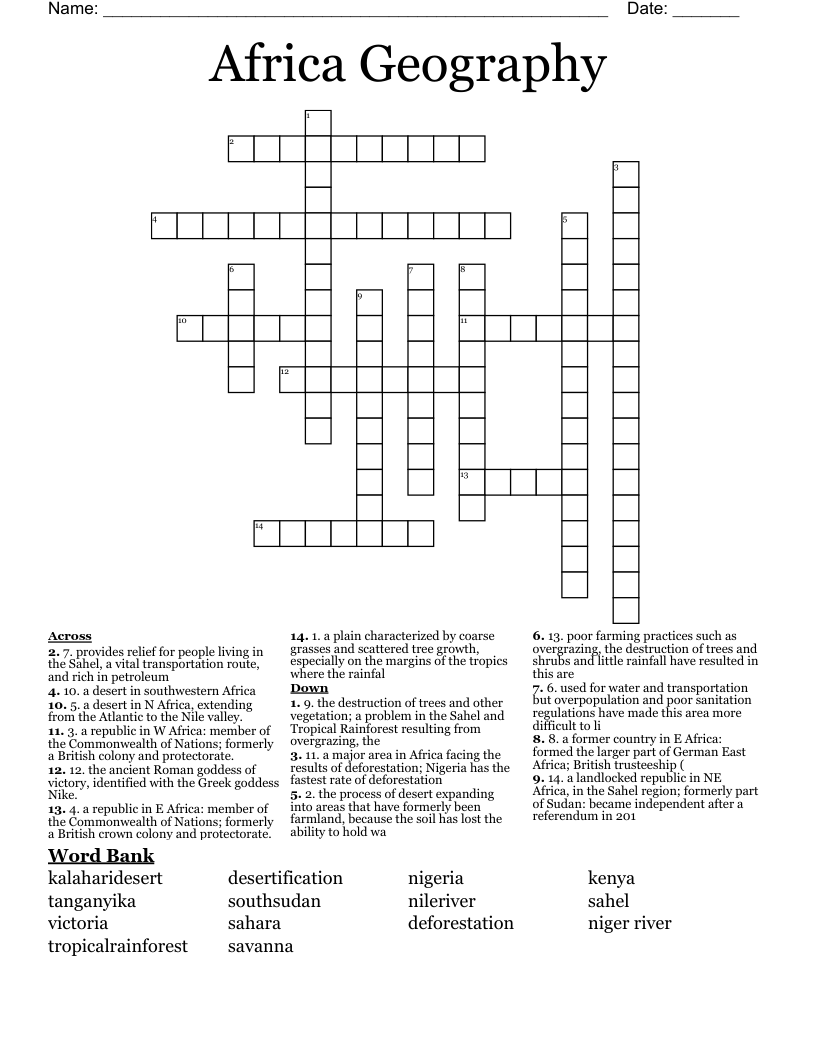Africa Geography  Crossword