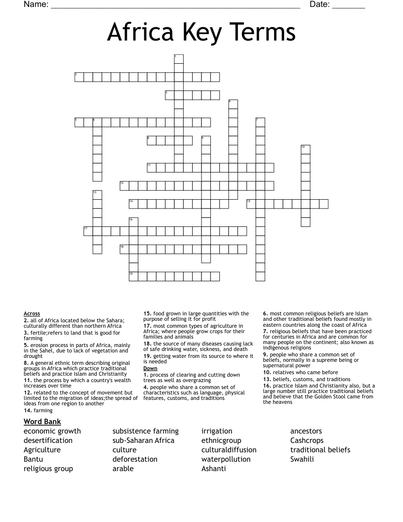 Africa Key Terms Crossword