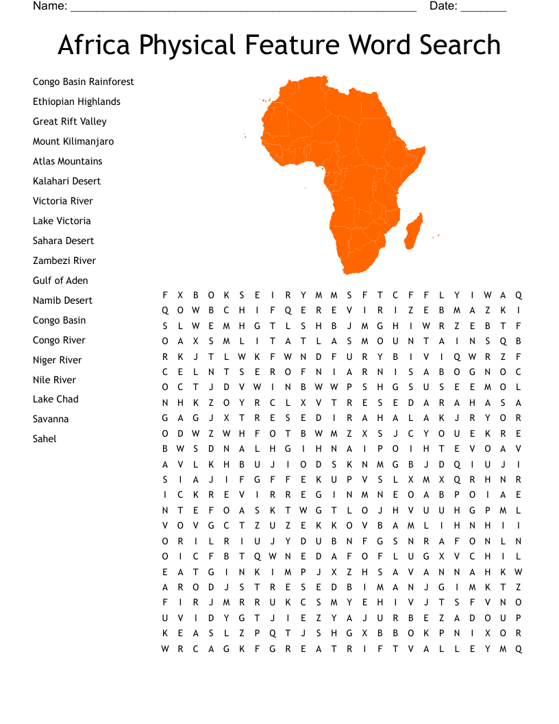 Africa Physical Feature Word Search