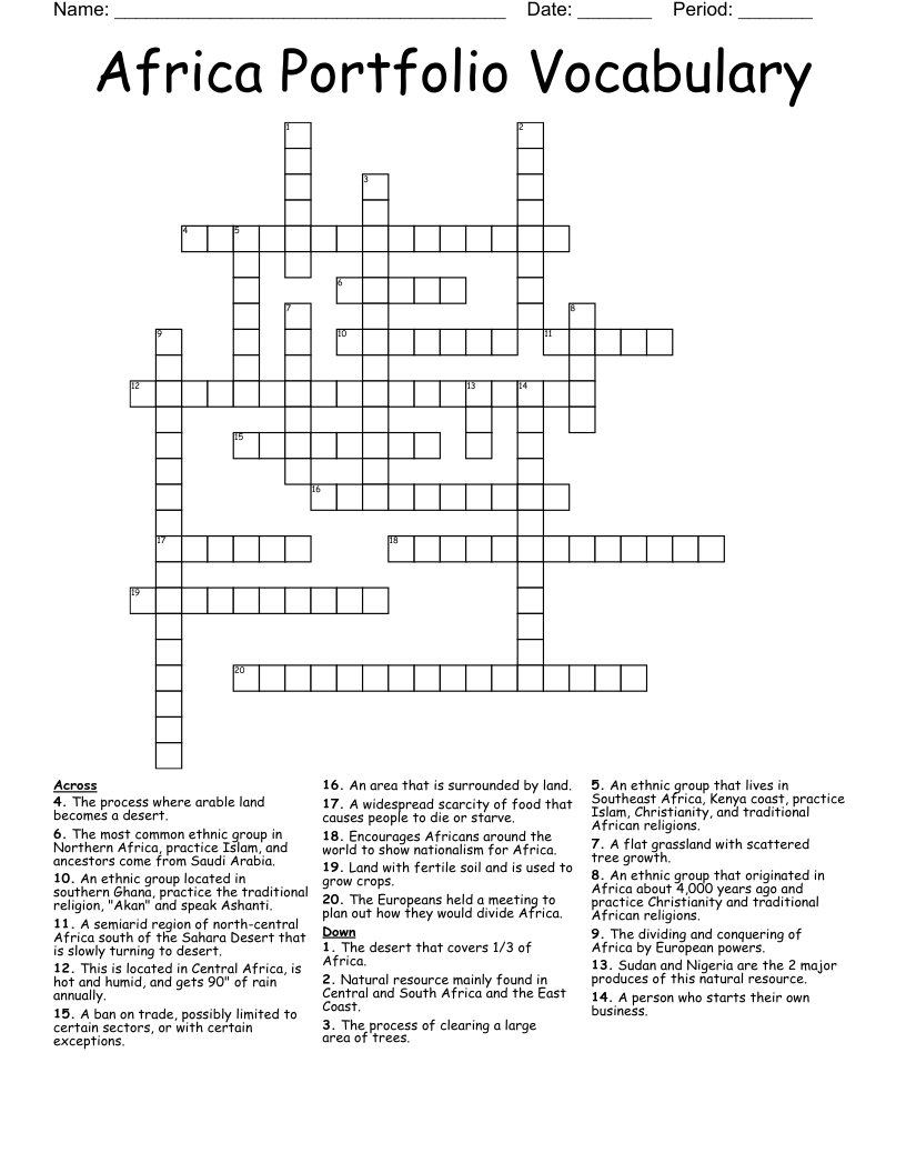 Africa Portfolio Vocabulary Crossword