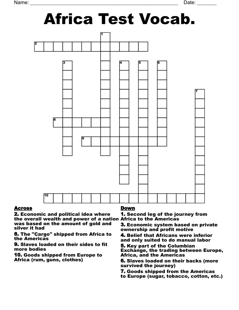 Africa Test Vocab.  Crossword