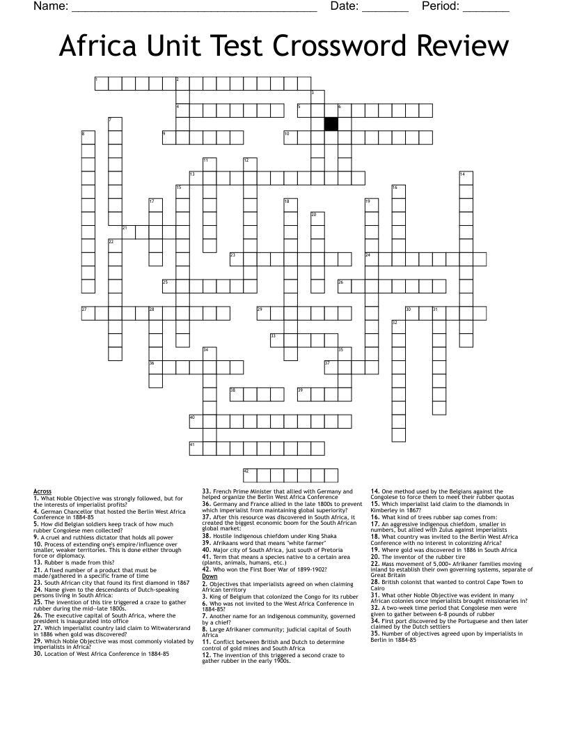 Africa Unit Test Crossword Review