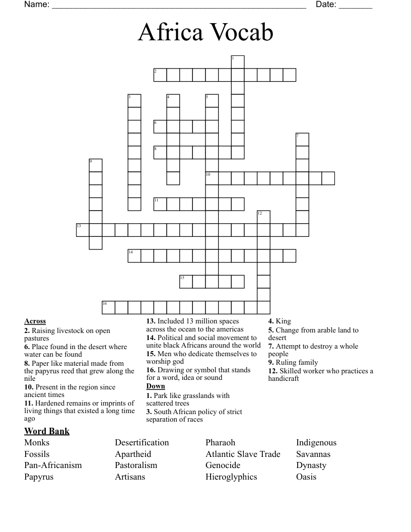 Africa Vocab Crossword