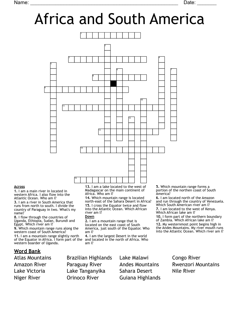 Africa and South America Crossword