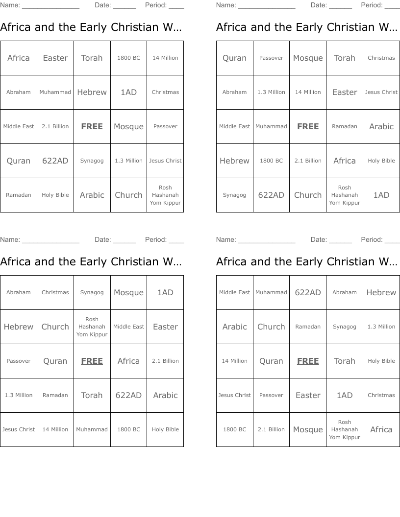 Africa and the Early Christian World Bingo Cards