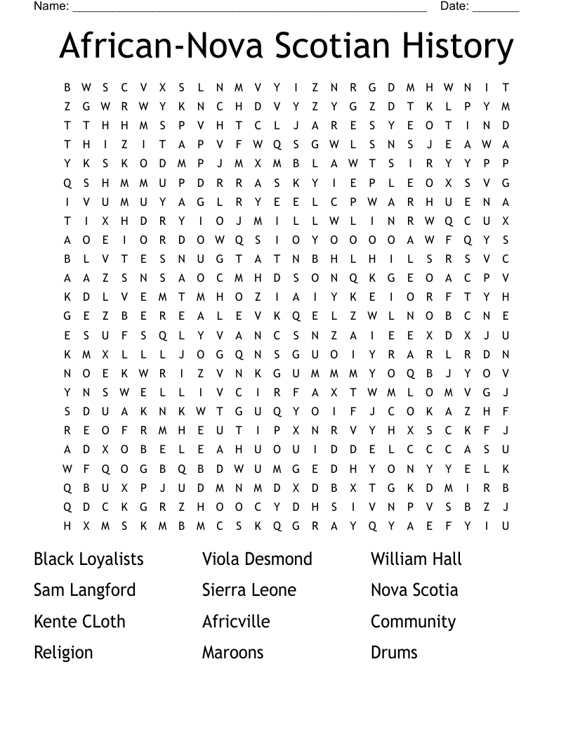 African-Nova Scotian History Word Search