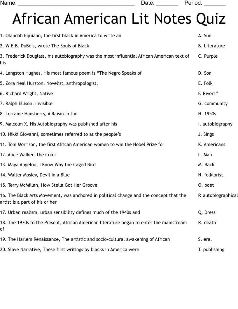 African American Lit Notes Quiz Worksheet
