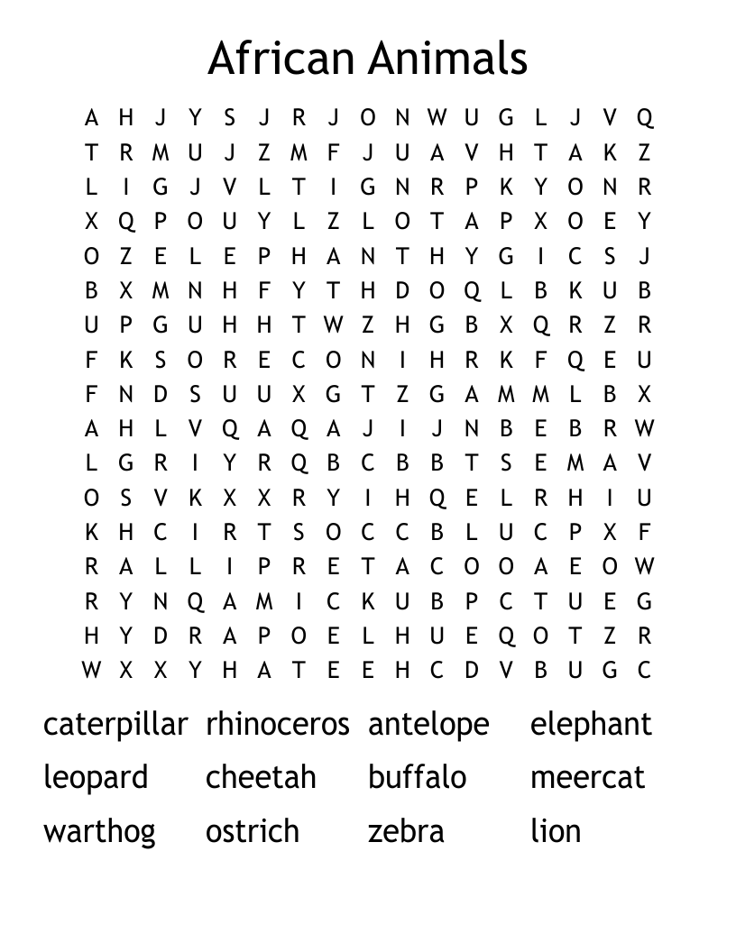 African Animals Word Search