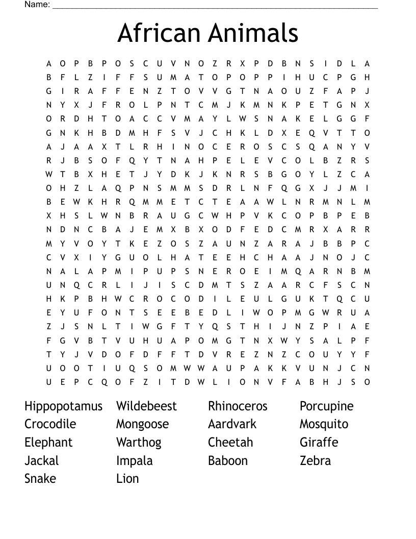 African Animals Word Search