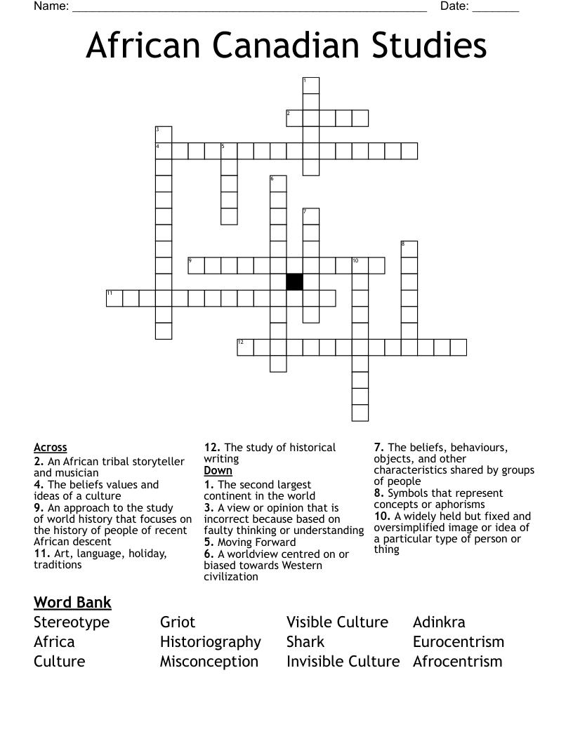 African Canadian Studies Crossword