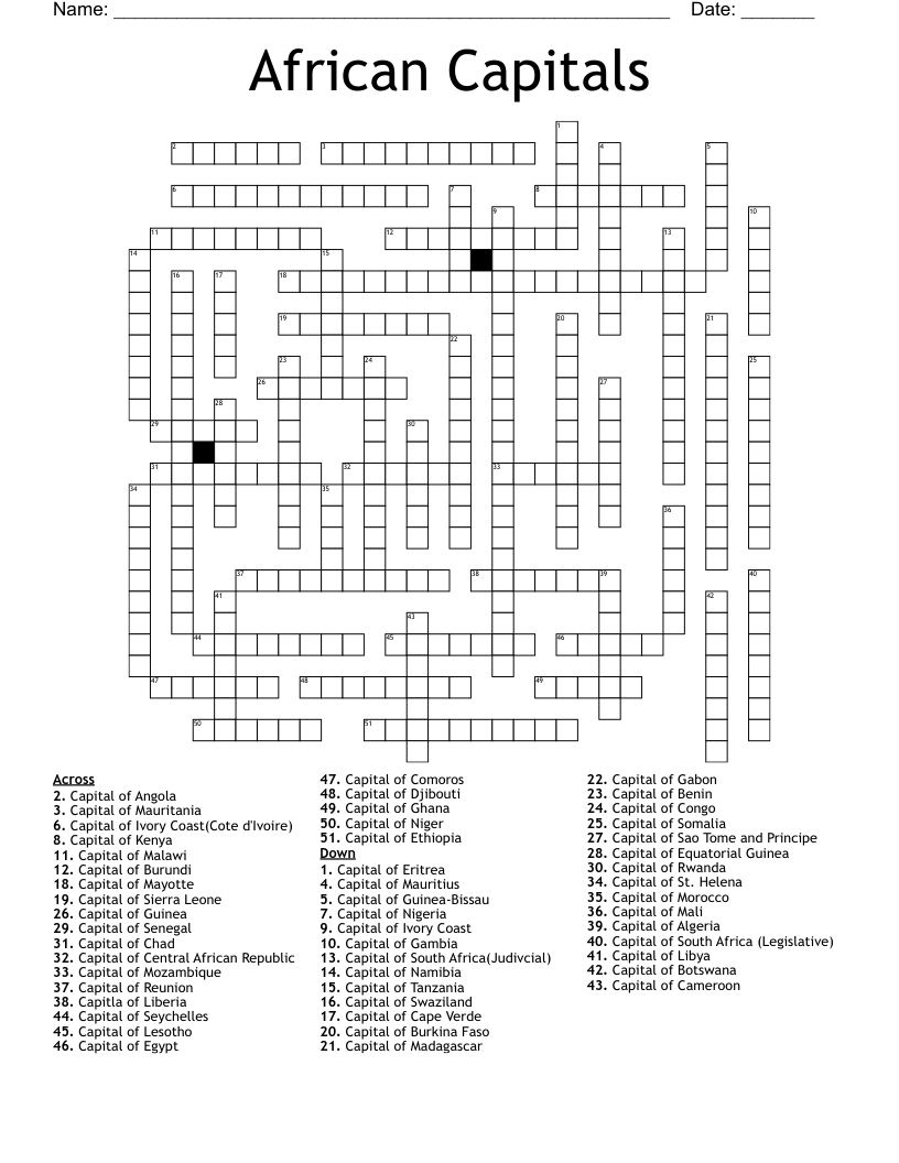 African Capitals Crossword
