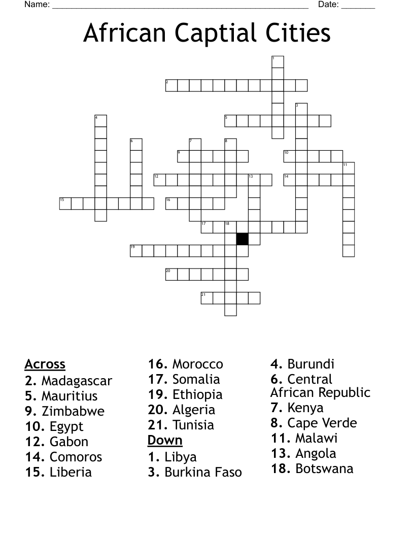 African Captial Cities Crossword