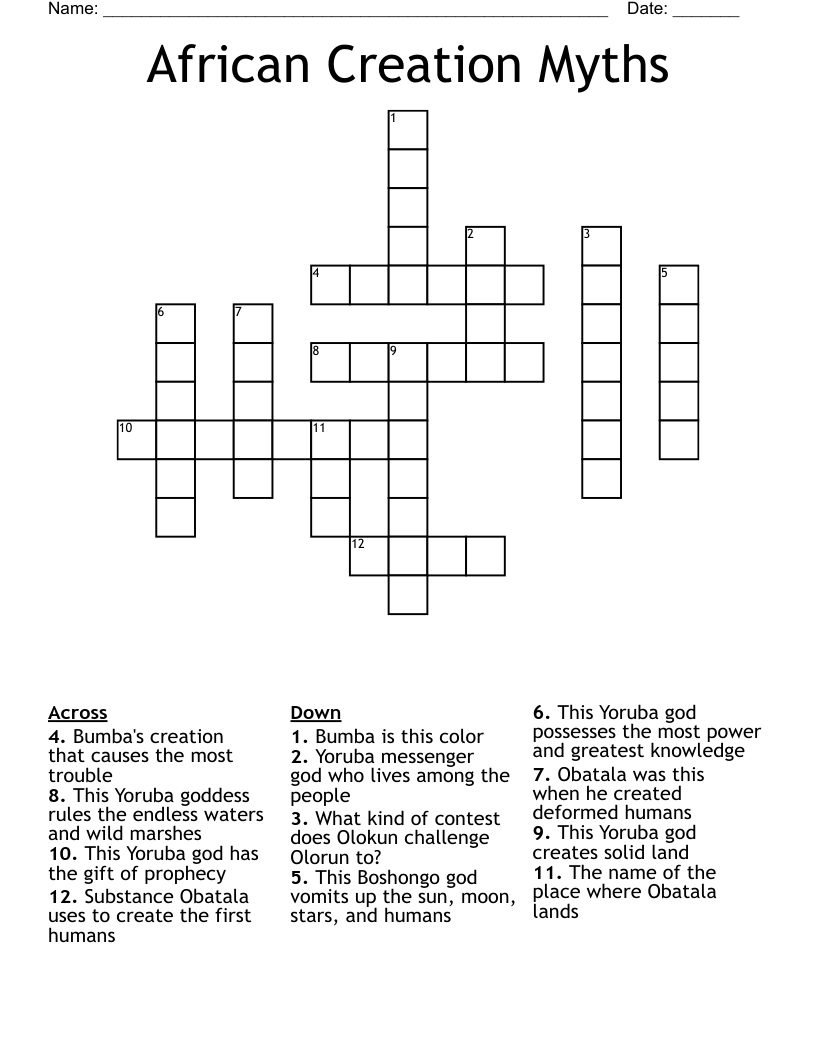 African Creation Myths Crossword