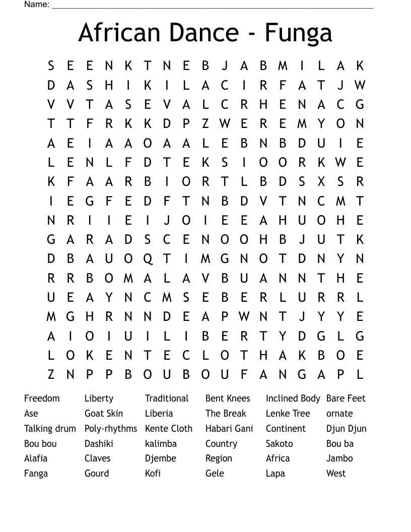 African Dance - Funga Word Search