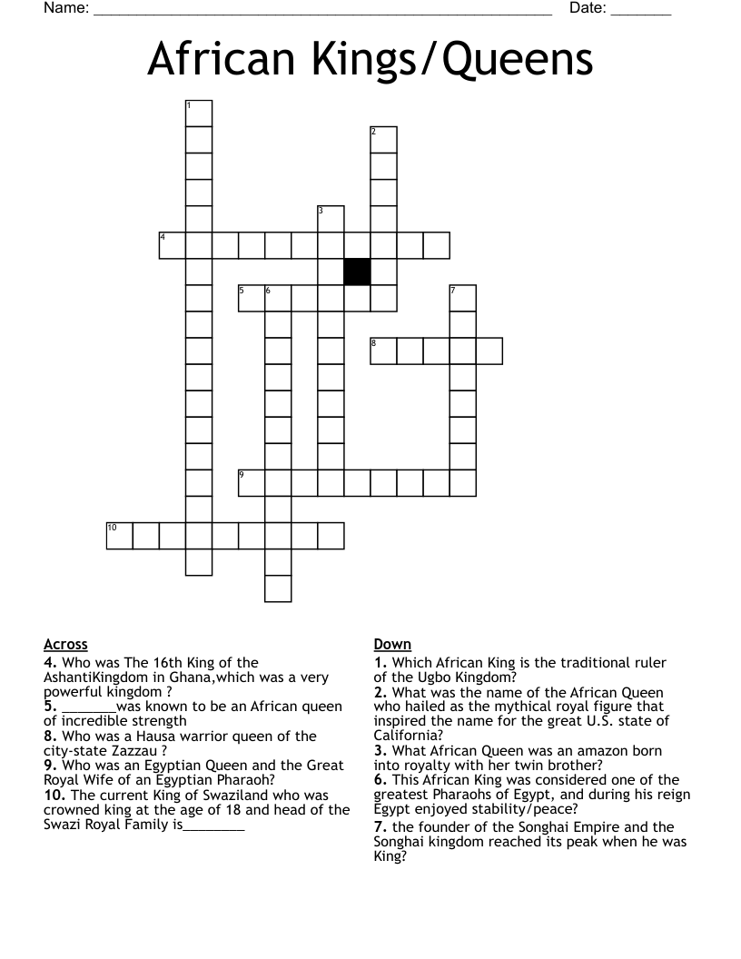 African Kings/Queens Crossword