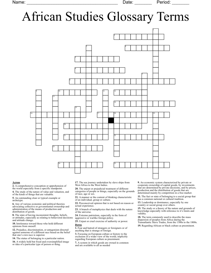 African Studies Glossary Terms Crossword