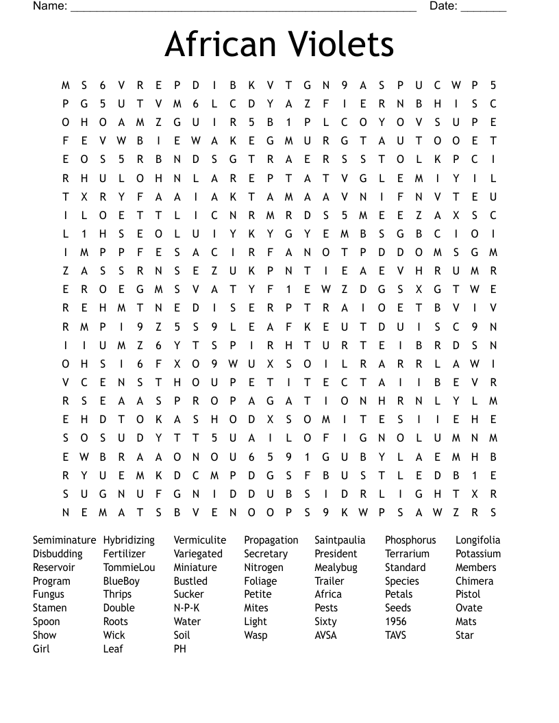 African Violets Word Search