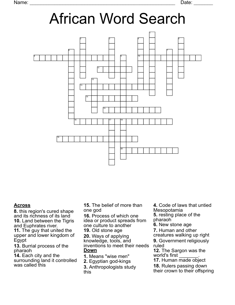 African Word Search Crossword